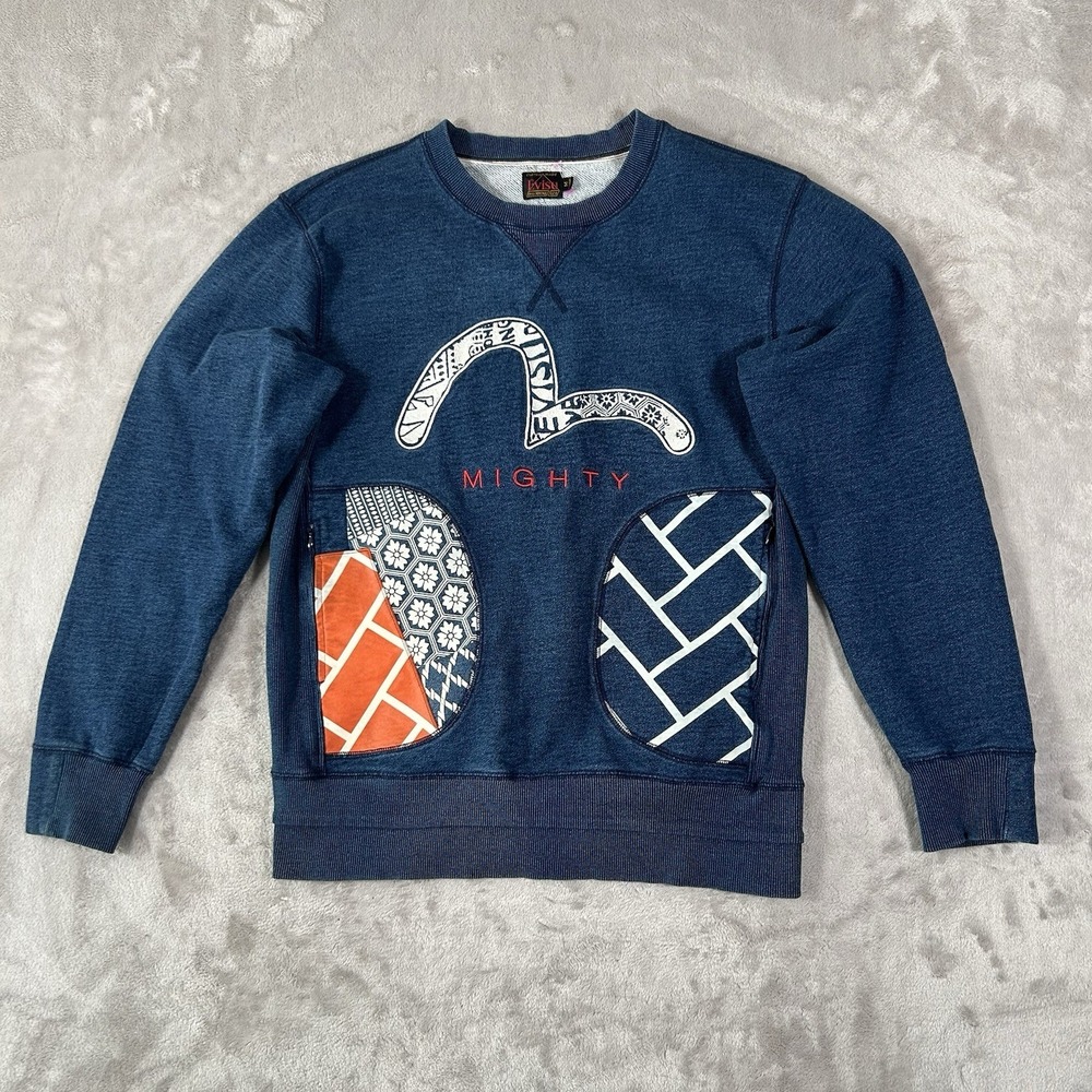 VTG Evisu Crewneck Sweatshirt Mens M Blue Patchwork Streetwear Embroidered Y2K